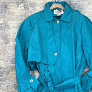 Vintage 80s Teal Trench Coat Womens Belted Retro Maximalist Statement